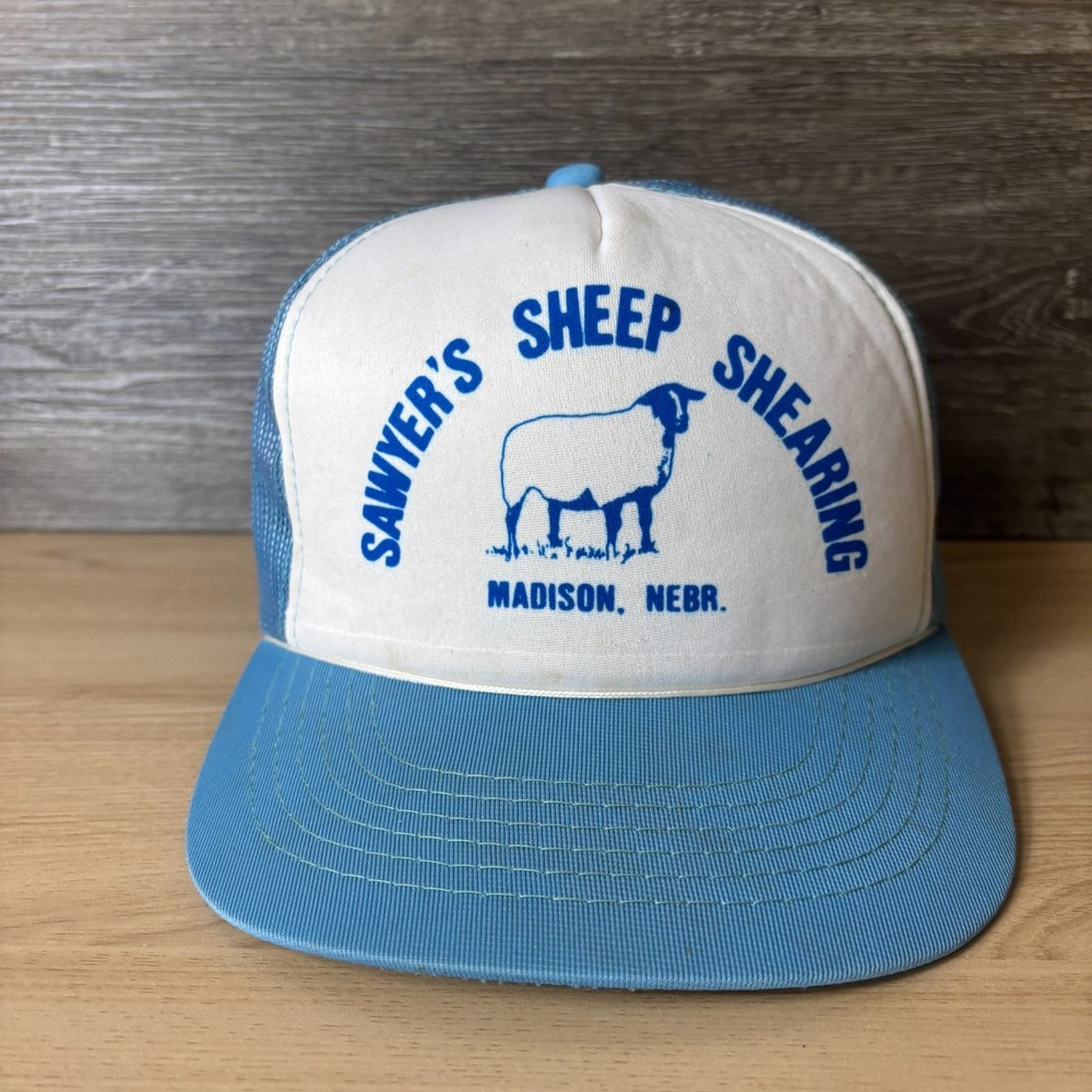 American Vintage Light Blue and White Sawyer's Sheep Shearing Trucker Hat